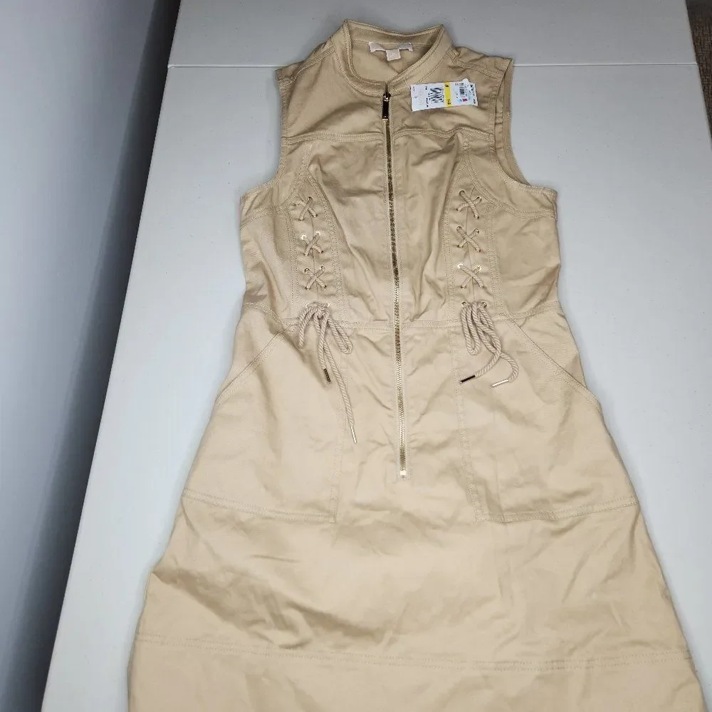 New NWT Michael Kors Women Zip Khaki Utility Tank Knee Length Dress Size Medium